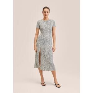 MNG MANGO Women's L Floral Slit Hem Short Sleeve Midi Dress w Slit Stretchy